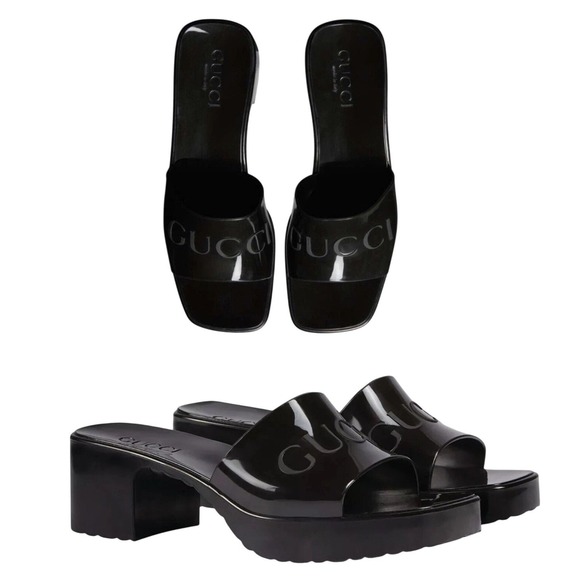 Y2K Gucci 60mm Rubber Platform Logo Heel Sandal Black US7 37 Tom Ford Made Italy